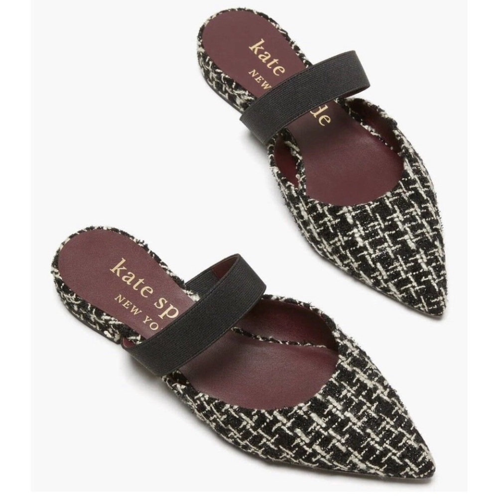 Kate Spade Marielle Tweed Slip on Pointed Mules Black/Cream NWT Size 5.5